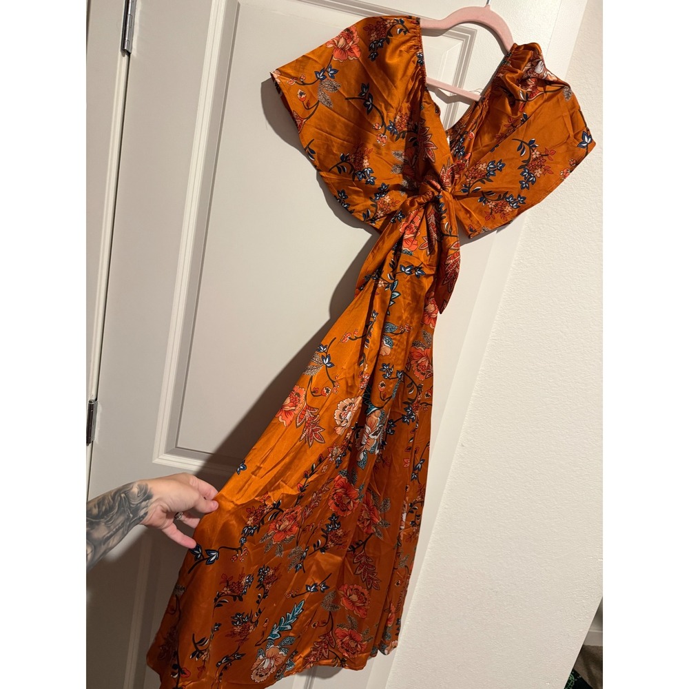 Fashionme Floral Maxi Dress Burnt Orange Satin Tie Front Cutout Boho Women Large